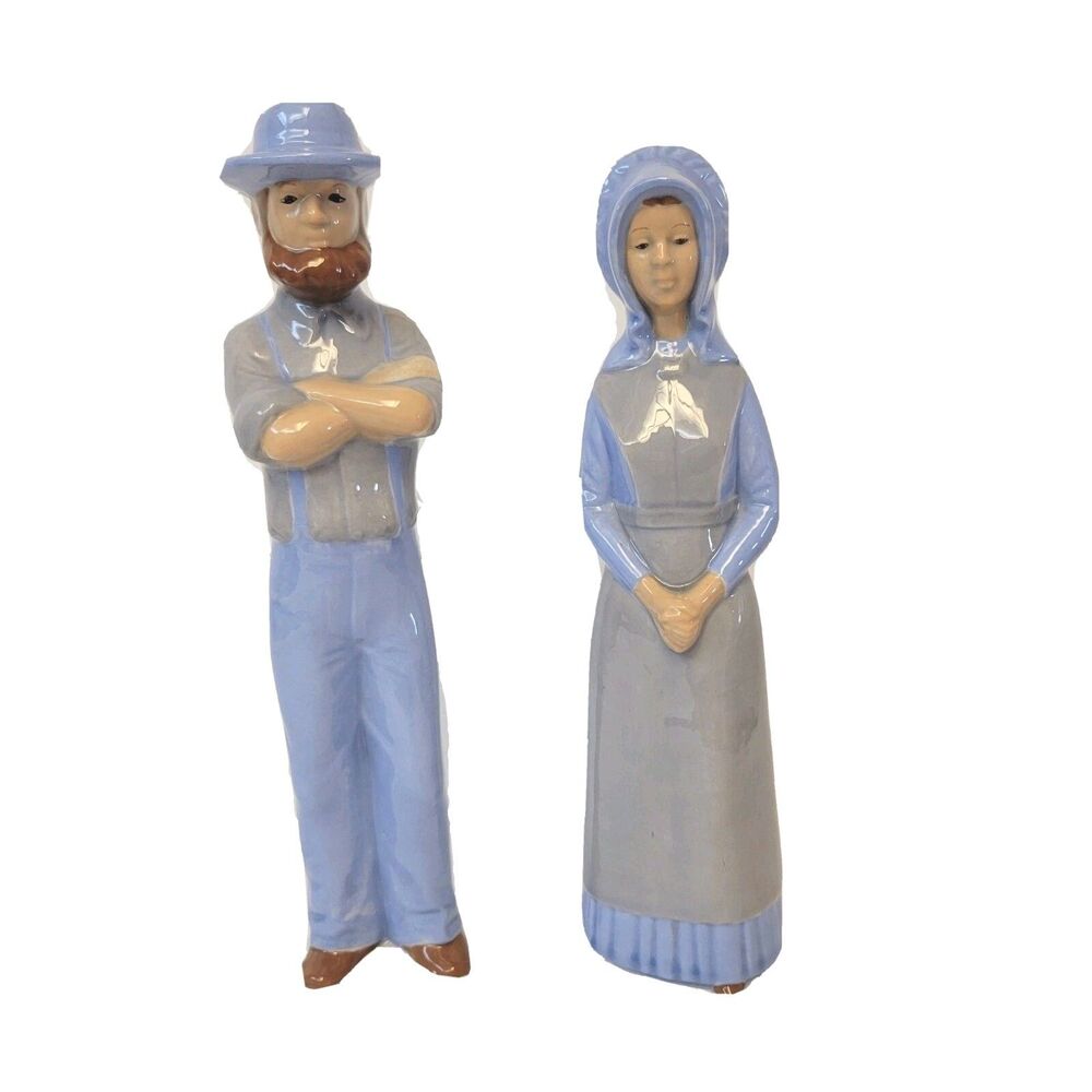 Vintage Amish Couple Figurines Ceramic Hand Painted "By Judy" 1977 Folk Art 10"
